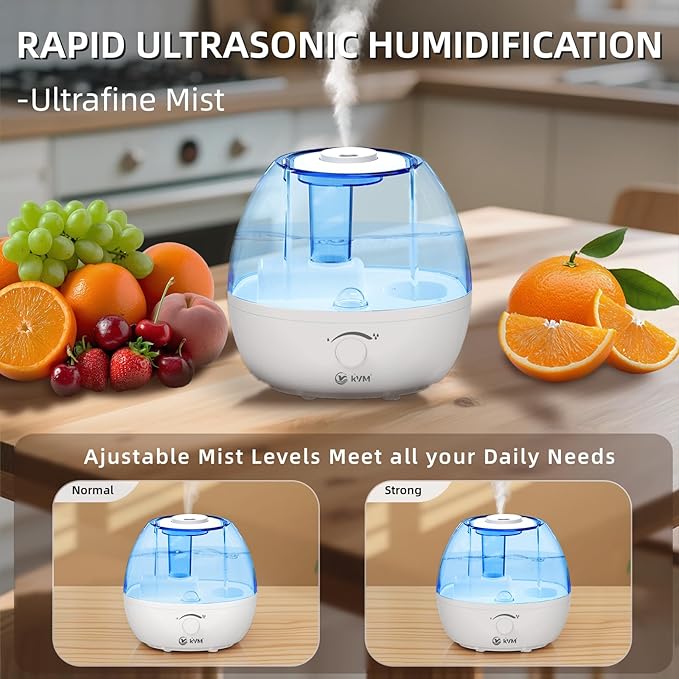 KVM Ultrasonic Cool Mist Humidifier, Quiet Air Humidifiers for Bedroom, Nursery, Office, & Indoor Plants, 360 Rotation Nozzle & 2L Water Tank & Night Light - Image 4