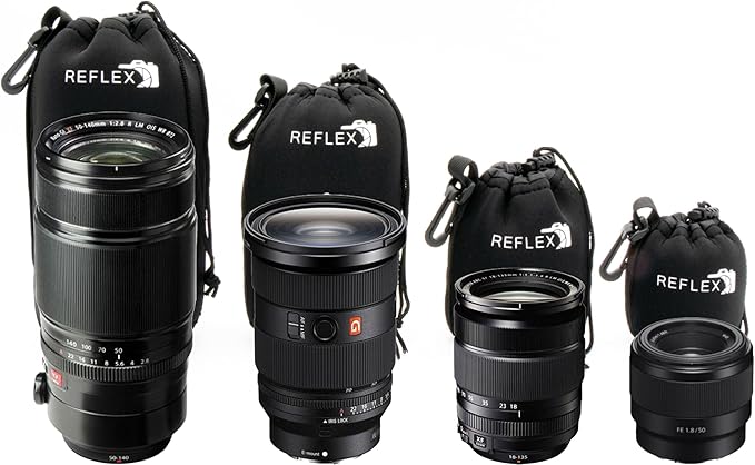 REFLEX CAMERA Drawstring Camera Lens Pouches 4 Pack (S/M/L/XL) Thick Padded Pouch Set for Maximum Protection Waterproof Shockproof Dust Resistant Neoprene Cases for Canon, Nikon, Pentax, Sony, Olympus - Image 2