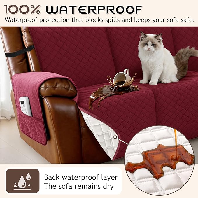 Arfntevss Waterproof Recliner Sectional Couch Covers for Reclining Sectional L Shape Sofa Cover Non Slip Washable Recliner L Shaped Slipcover Sets for Dog Furniture Protector (5 Seater, Wine Red) - Image 2