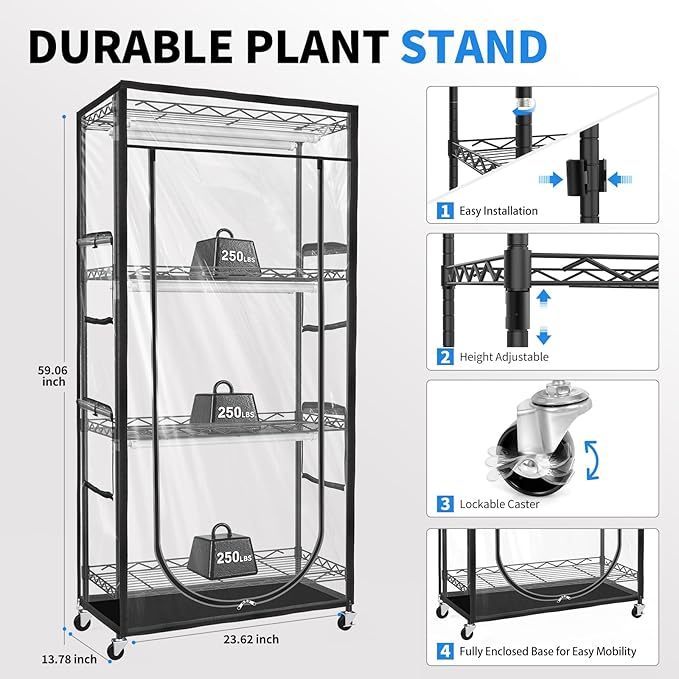 JESLED Indoor Greenhouse with Grow Light - Full Spectrum 5000K LED for Seed Starting, Tiered Lighting Control, Built-in Timer & Thermo-Hygrometer, Rolling Metal Plant Stand (23.6x13.8x59 in) - Image 7