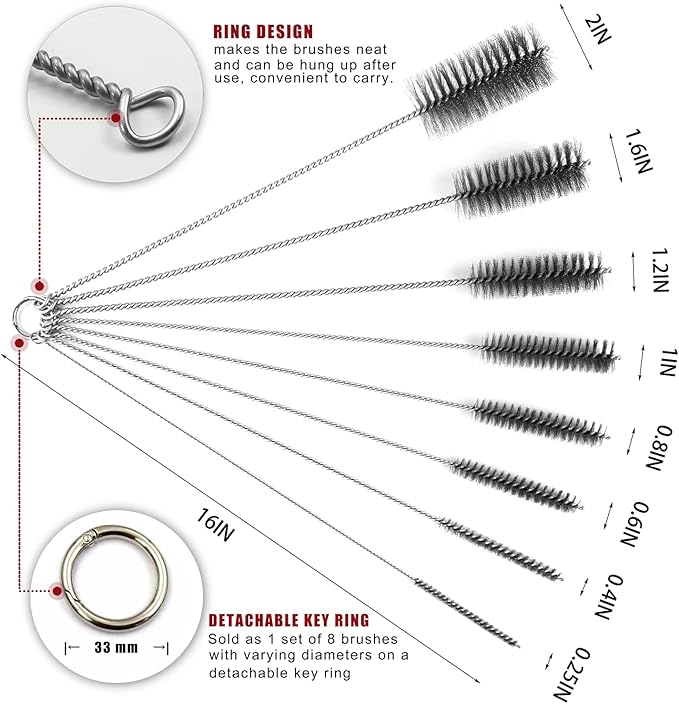 16 Inch Extra Long Pipe Cleaning Brush Set Stainless Steel Bristles, Stainless Steel Pipe Brush Steel Bottle Brush 8 Piece Variety Pack for Auto Parts, Bottles,Tubes, Etc. - Image 2