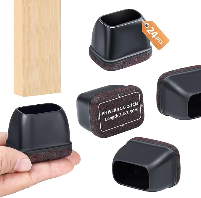 Ezprotekt 24 Pcs Rectangle Felt Chair Leg Floor Protectors for Hardwood Floors, Rectangle Silicone Furniture Pads Caps Covers for Chair Desk Table (Fit W :0.6-0.8", L: 0.9-1.3", Black) by VisittheEzprotekt