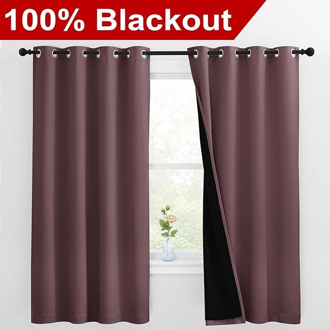 NICETOWN Bedroom Full Blackout Room Warming Curtain Panels, Super Thick Insulated Window Covers, Complete Blackout Draperies with Black Liner for Short Window (Dry Rose, Set of 2, 55 by 68-inch) - Image 2