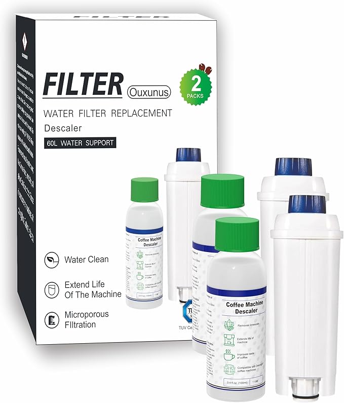 Descaling Kit Compatible with Delonghi Coffee Machines: 2 Full Maintenance Cycles | 2 Compatible with De'Longhi water Filters + 2x100ml Descaling Solution Replace Every 3 Months （6-Month） by Ouxunus