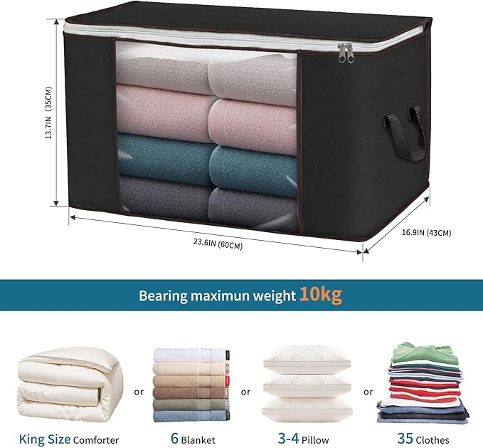 Budding Joy 90 L Large Storage Bags, 10 Pack Clothes Storage Bins Foldable Closet Organizers Storage Containers with Reinforced Handle for Clothing, Blanket, Comforters, Bed Sheets, Pillows (Black) - Image 3