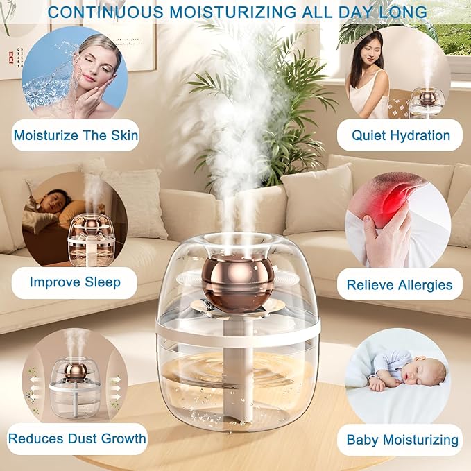 JINGYAN Dreamzy 3L Ultrasonic Cool Mist Humidifier - Transparent Tank, Easy to Clean, Dual Spray for 20H Quiet Mist Time, Night Light, Auto Shut-Off for Large Bedroom, Office, Plant Care (Green) - Image 3