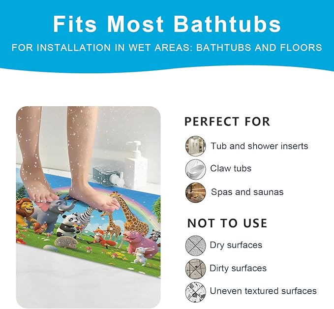 XIYUNTE Upgrade Baby Bath Mat Non Slip - 40"x16" Extra Long Kids Bath Mat for Tub Non Slip Bathtub Mat Eco-Friendly Toddler Bath Mats with Suction Cups, Machine Washable and No Fading, Animal Rainbow - Image 6