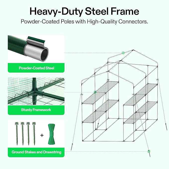 VIVOSUN 57x57x77 Inch Mini Walk in Green House with Window and Anchor, Plant Garden Hot House 2 Tiers 8 Shelves, 4.7 x 4.7 x 6.4 FT - Image 3