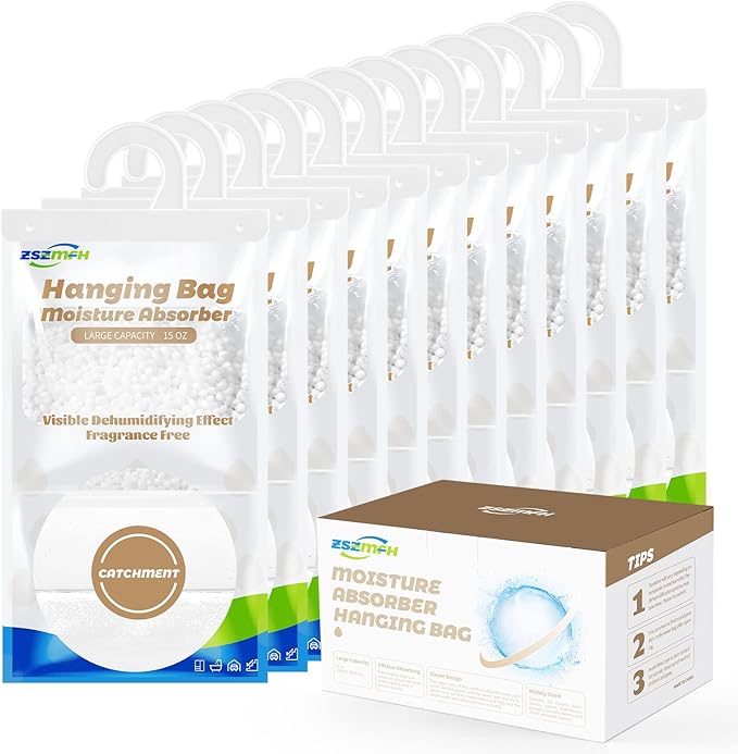 ZSZMFH 12 Pack Moisture Absorber Hanging Bags, Fragrance Free Humidity Packs, 15 OZ Dehumidifier Bags Effectively Trap Extra Moisture,Hanging Closet Dehumidifier Bags-425g/pack by ZSZMFH