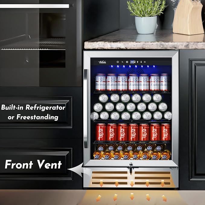 24 Inch Beverage Refrigerator Cooler,210 Cans Wide Beverage and Beer Fridge with Glass Door and Powerful Cooling Compressor, Built-in/Freestanding Drink Fridge for Kitchen, Bar or Office - Image 5