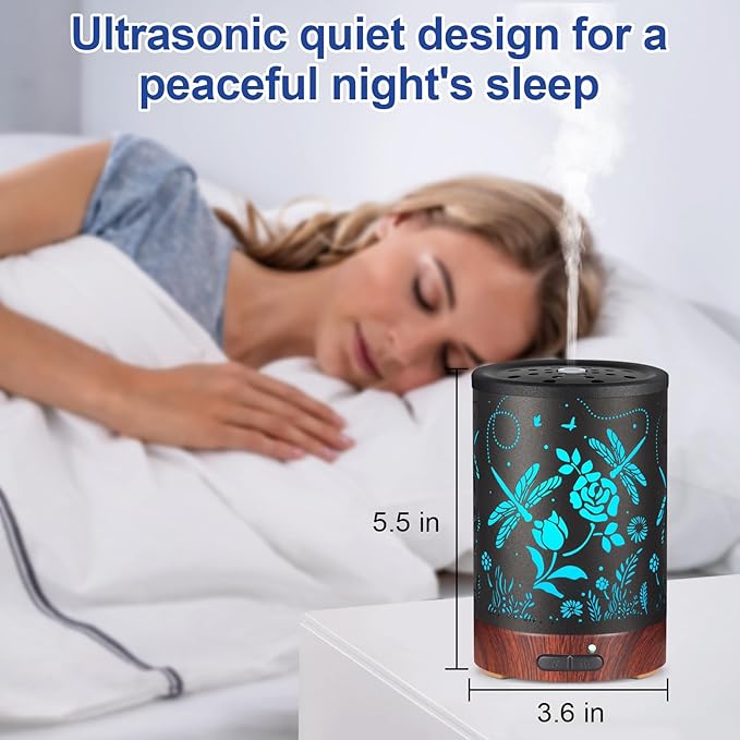 Essential Oil Diffuser- Aromatherapy Diffuser with7 Colors Light and Auto-Off for Women Metal Cool Mist Humidifier for Home and Office for Mom Women(Roses + Dragonflies) - Image 5