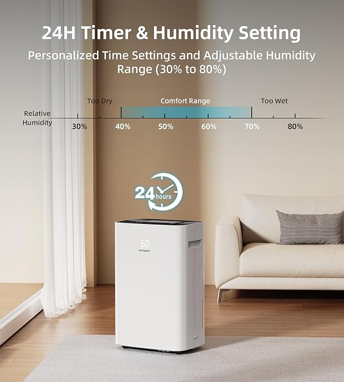 100 Pint Dehumidifier for Home and Basement, 6L Water Tank, 7000 Sq.Ft Coverage with Drain Hose, Smart Humidity Control, Auto Defrost, 24-Hour Timer, Child Lock - Image 7