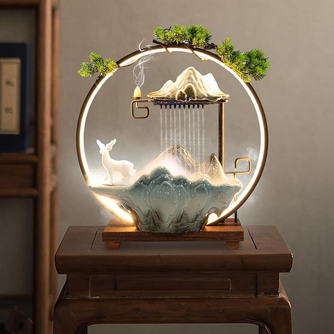 17In Water Fountains Indoor Tabletop Water Fall Humidifier W/LED Light & Atomizer Mist, Zen Decor Meditation Japanese Decor Fake Plants Feng Shui Decor Festival Birthday Gift Good Luck Wealth - Image 7