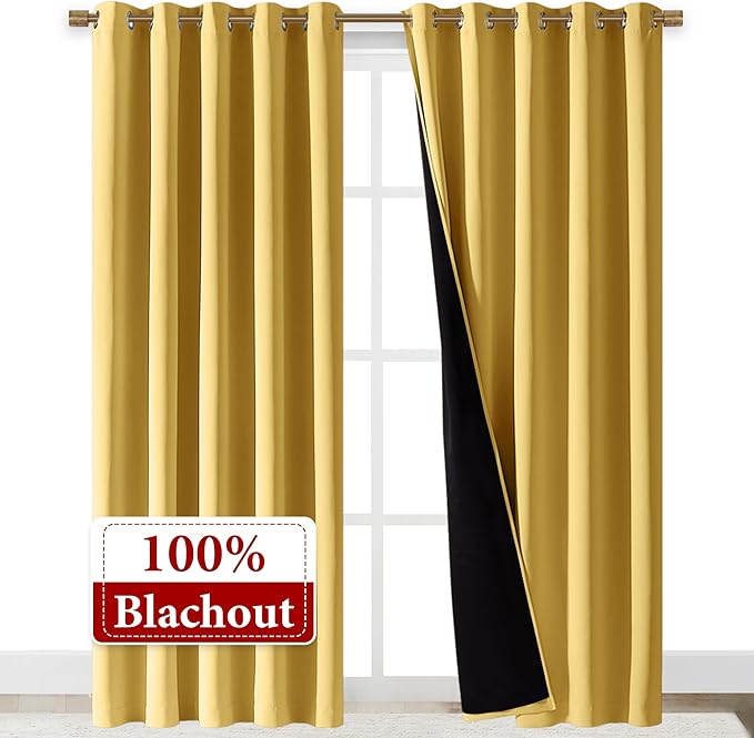 NICETOWN Total Shade Curtains and Draperies, Heavy-Duty Full Light Shading Drapes with Black Liner Backing for Villa/Hall/Dorm Window(Bright Yellow, Package of 2, 70 inches Wide x 95 inches Long) - Image 2