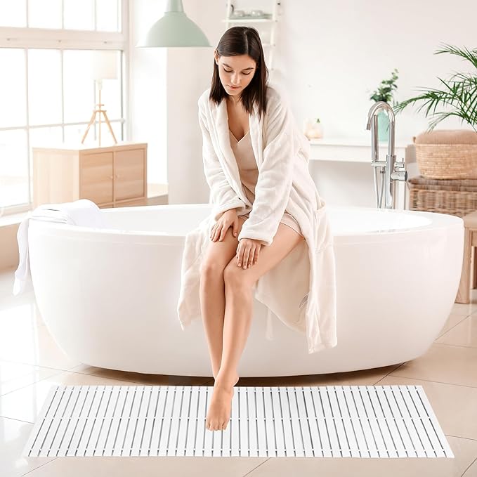 Bath Mat Bathroom Runner Long Large Rugs Floor Wood Shower Bathtub Waterproof Non Slip Accessories 16x48 Inch Easy to Clean, White, 1 pc - Image 6
