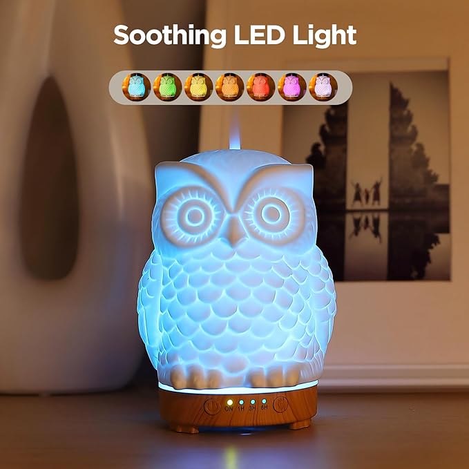Owl Ceramic Aromatherapy Diffuser INRORANS 160ml Stone ultrasonic Cool Mist Scent Essential Oil Diffuser Humidifier with Intermittent Mist & LED 7 Colors Changing Night Light for Bedroom Office Home - Image 2