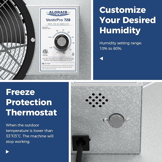 ALORAIR 720 CFM High Flow Powered Crawl Space Ventilation Fan, IP55 Rated 10" Basements Vent Fan with Freeze Protection Thermostat & Dehumidistat, for Crawlspace, Garage, Basements, Attic, Exhaust - Image 4