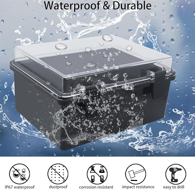 Junction Box, Hinged Black Clear Cover IP67 Waterproof ABS Project Box with Mounting Plate Electrical Box Enclosure with Wall Bracket 8.7 x 6.7 x 4.3inch(220x170x110mm) - Image 2