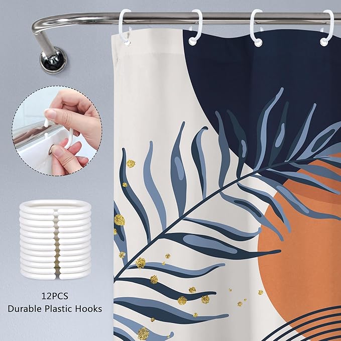 Navy Blue Boho Shower Curtain 60Wx72H Modern Abstract Bohemian Blue Gold Leaves Orange Minimalist Mid Century Plant Arch Bathroom Decor Neutral Geometric Bath Curtain Polyester 12 Pack Hooks - Image 6