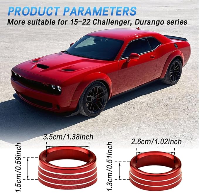 3PCS Air Conditioner Switch Button Knob Cover, Auto Accessories Climate Control Knob Covers, Aluminum Alloy Knob Ring Trim Cover Compatible with Dodge Challenger Durango 2015-2022 (Red) - Image 6