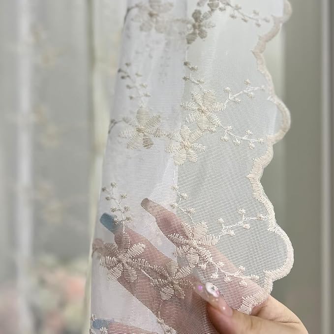 Beige Romantic Little Floral Woven Lace Tie Up Balloon Curtain for Kitchen Liftable Tier Roman Blind Victorian Drapes for Small Window Cafe Balcony Rod Pocket 1 Panel (55Wx39L inch) - Image 6