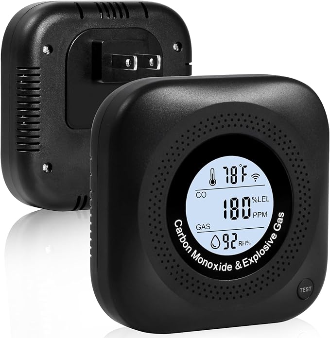 Carbon Monoxide Detectors, 4-in-1 Natural Gas Leak Detector, Portable Carbon Monoxide Detector, Plug in Wall CO Alarms with AC Socket and Temperature & Humidity Monitoring for RV, Home, Hotel (Black) by Unknown