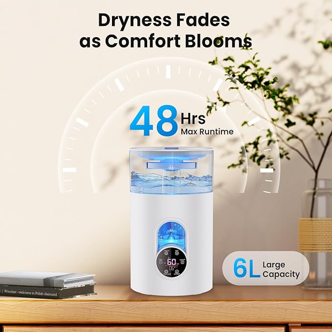 Humidifiers for Bedroom Large Room Home - GloryAir 6L Quiet Top Fill Cool & Warm Mist Humidifier with Smart Humidity Control, Remote Control, 7-Color Light, Humidistat, Oil Diffuser for Plants & Baby - Image 8