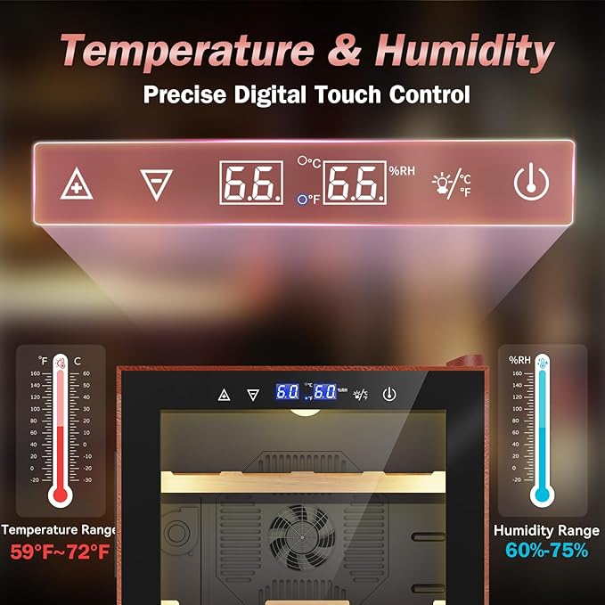 Electric Humidor with Leather-50L Cooling & Heating Humidor, Smart Touch Control Humidity & Temp, Humidors wtih Spanish Cedar Wood Tray and Drawer, Digital Display, Safety Lock, Desktop Gift for Men - Image 2