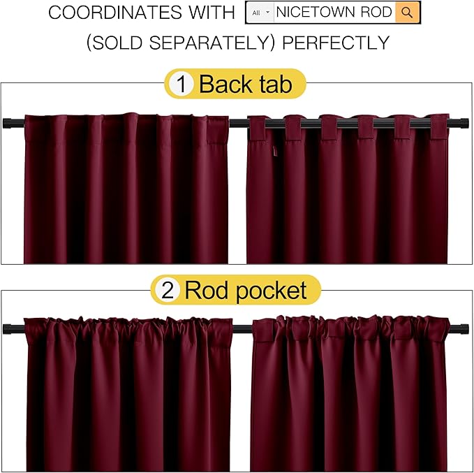 NICETOWN Blackout Curtain Panels Window Draperies - (Wine Red Color) 52x84 inch, 2 Pieces, Insulating Room Darkening Blackout Drapes for Bedroom - Image 3