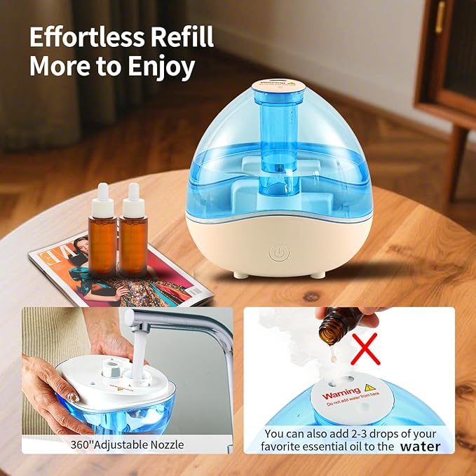 1.5L Cool Mist Humidifier for Bedroom with 360° Adjustable Nozzle, Quiet Ultrasonic Air Humidifier For Babies Nursery, Office, Indoor Plants, Auto-Shut Off,Light-Off,High and Low Mist Levels - Image 3