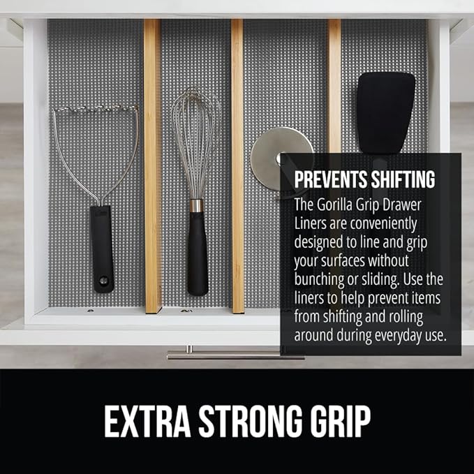 GORILLA GRIP powerGRIP Drawer Shelf and Cabinet Liner, Thick Strong Hold, Non-Adhesive Liners Protect Kitchen Cabinets and Cupboard, Bathroom Drawers, Easy Install, Breathable Mat, 12" x20', Gray - Image 3