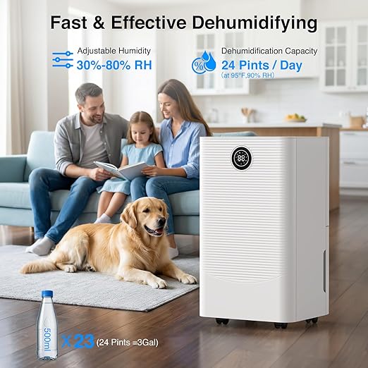 ZAFRO Dehumidifier for Home & Basement with Drain Hose, Energy Efficient 24 Pints Dehumidifier, Auto or Manual Drainage, Auto Defrost, 3 Modes, 24 Hours Timer - Image 2