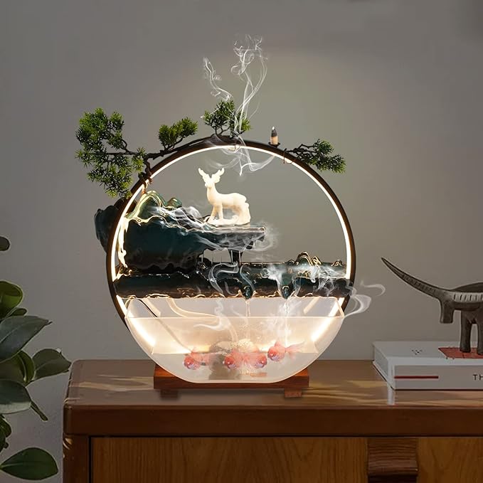 17Inch Mini Fish Tank Tabletop Decoration Indoor Waterfall Fountains Humidifier with LED Light and Atomizer Mist, Water Fountain Japanese Zen Decor Meditation Fake Plants Bonsai Gift - Image 6