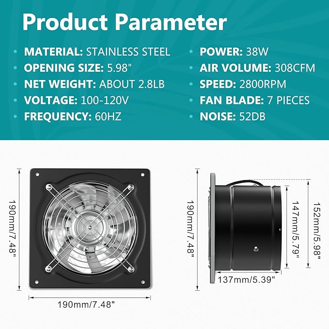 HG Power 6 Inch Exhaust Fan with Switch, Powerful Kitchen Exhaust Fan with Damper, Potable Window Exhaust Fans, Small Fume Extractor Ventilation Fan for Attic, Shop, Smoking Room, Garage - Image 3
