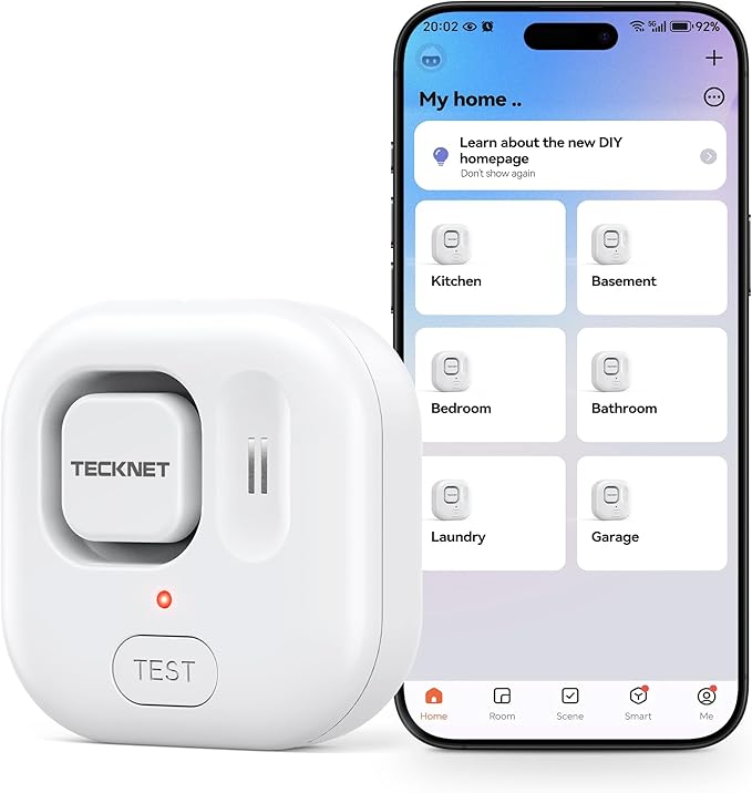 TECKNET WiFi Water Leak Detectors, Leak & Drip Alert with APP Push and Sound Alarm, Smart Water Sensor with 120dB Adjustable Alarm, for Kitchen Bathroom Basement (1 Pack, Battery Included) by Tecknet