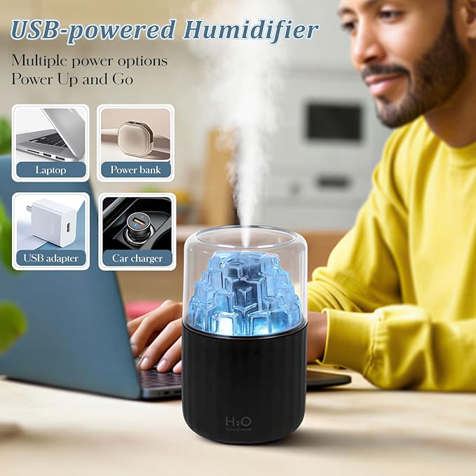Portable Mist Humidifier with Colorful Light Auto-Off USB Desktop Personal Humidifiers 2 Cool Spray Modes 300ml for Bedroom Office Car Travel Black - Image 2