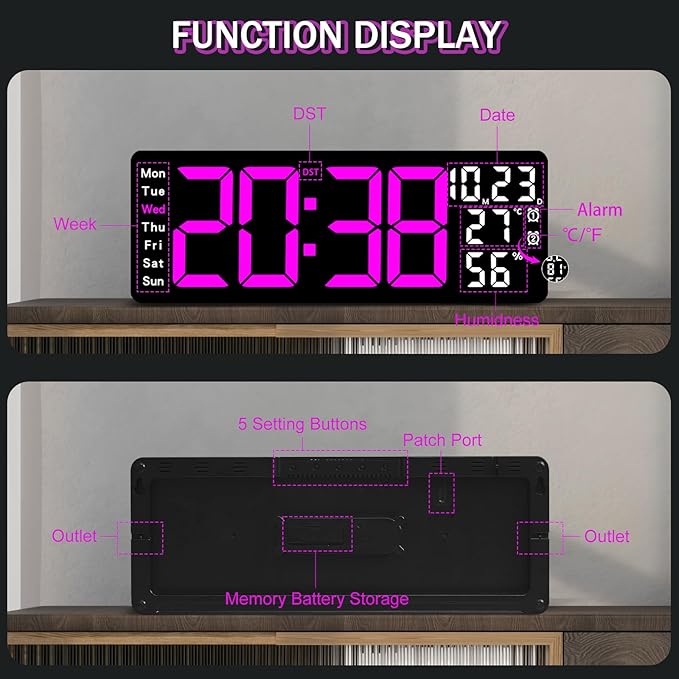 JoFomp 17.3" Large Digital Wall Clock, LED Digital Clock Large Display with Remote Control, Alarm Clock with Temp/DST/Dimmer/Humidity/Timer/Ambient Light - 12/24H, Alarm Wall Clock for Bedroom - Image 8