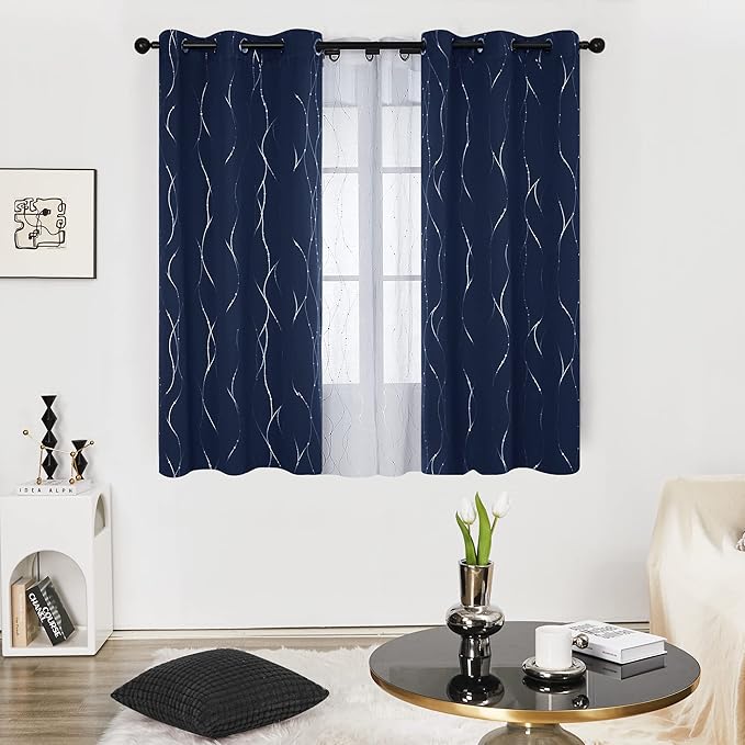 Deconovo Short Kitchen Curtains, Navy Blue Blakcout Curtain 42 x 54 Inch, Thermal Insulated Soundproof Drapes with Silver Wave Dots Prit, Grommet Top, Machine Washable for Nursery Bedroom Living Room - Image 2