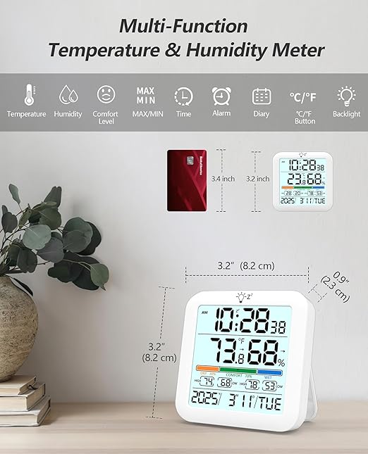 Mini Digital Indoor Thermometer Hygrometer Clock, Room Temperature Humidity Monitor with Calibration, Backlight, Air Comfort Indicator, 24H Max Min Record, Time, Alarm for Home, School - Image 2
