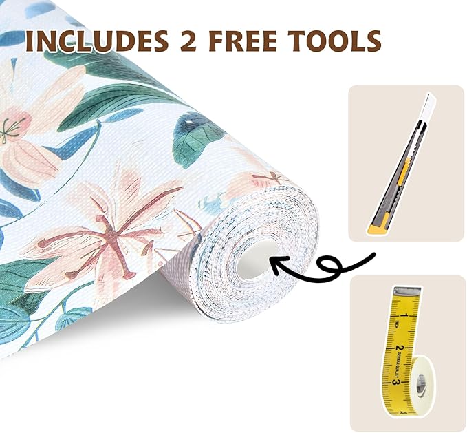 Shelf Liners for Kitchen Cabinets 12in x 20FT, Non Adhesive Drawer Liner Colored Flowers Thickened Shelf Liner Non-Slip Easy to Clean for Tool Box Refrigerator with Knife and Tape Measure - Image 3
