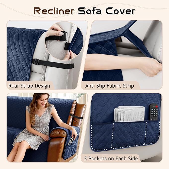 Arfntevss Waterproof Recliner Sectional Couch Covers for Reclining Sectional L Shape Sofa Cover Non Slip Washable Recliner L Shaped Slipcover Sets for Dog Furniture Protector (5 Seater, Navy Blue) - Image 4