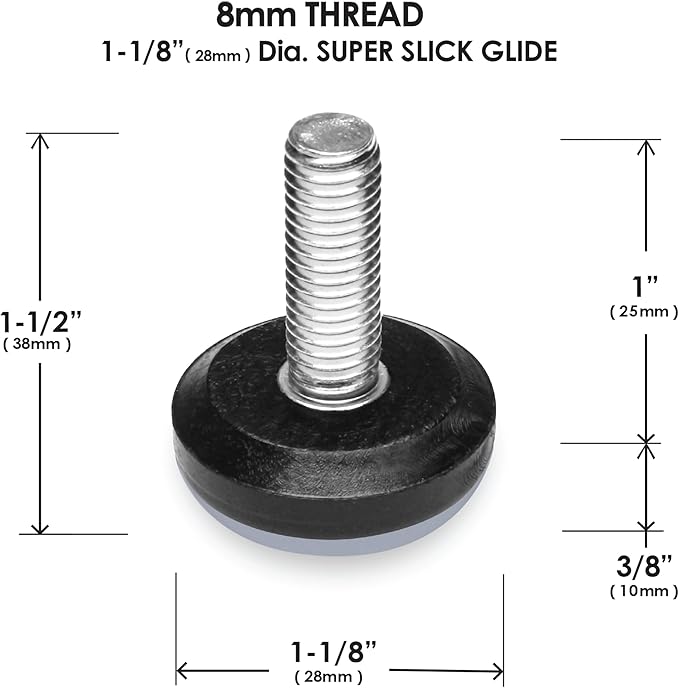 Slipstick Gorilla Outdoor Adjustable Furniture Levelers (8 Pack) Weatherproof Screw in Leg Glides for Chairs, Tables, and Outdoor Furniture Feet, 1-1/8 Inch Slider Glide, M8 Thread - Image 7
