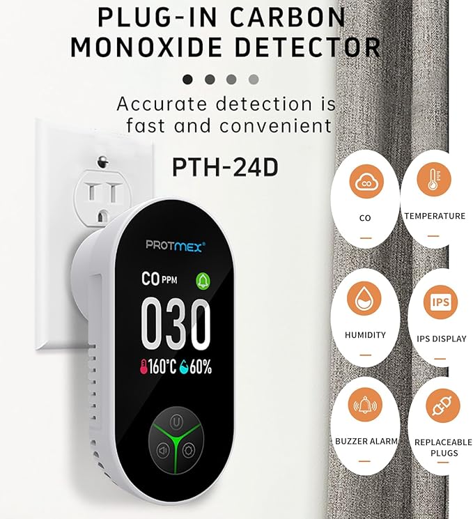 Protmex Carbon Monoxide Detector Plug in Wall, 3-in-1 Co Detector Monitor Air Quality with Temperature Humidity Sensor, Portable CO Meter Easy to Read & Install, for Home/Hotel/RV - Image 3