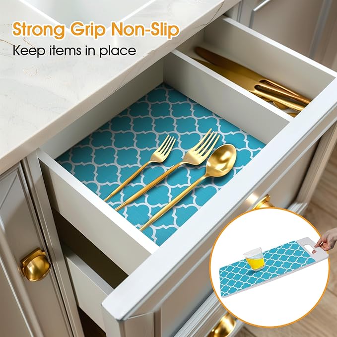 Shelf and Drawer Liner for Kitchen Cabinets Non-Adhesive, Strong Grip Non-Slip Thickened Cabinet Liners for Shelves, Waterproof Mats for Dresser Cupboard, Green/White, 12 in x 30 Feet - Image 2