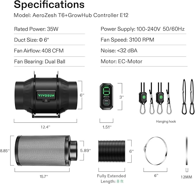 VIVOSUN Smart Air Filtration T6 Kit 6", AeroZesh T6 Inline Duct Fan with E12 Speed Controller, Carbon Filter & 8' Ducting, Cooling & Ventilation System for Grow Tents, Indoor Gardening, Hydroponics - Image 9