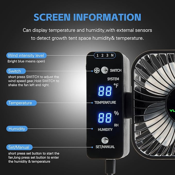 4" Smart Grow Tent Fan with Auto Climate Control - 4-Speed Oscillating Circulation Fan with LCD Display for Hydroponics, Greenhouse, Reptile Enclosure - Precise Temp & Humidity Monitoring - Image 5
