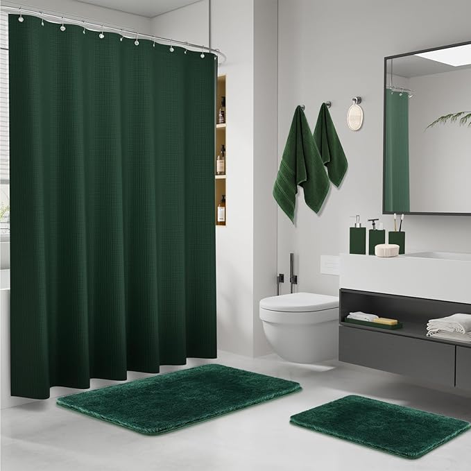 Green Bathroom Set, Dark Green Bathroom Accessories Set with Shower Curtain and Rugs, Bath Towel Sets, Natural Loofah Sponge, Soap Dispenser, Toothbrush Holder, Bathroom Tumbler and Tray for Bathroom - Image 2