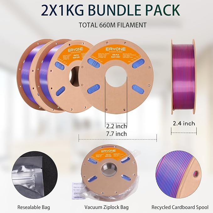 ERYONE Silk Dual Color PLA Filament 3D Printer 1.75mm +/- 0.03mm, Bicolor Filament Two Tone PLA Bundle 2KG Cardboard Spool, Blue Red - Image 6