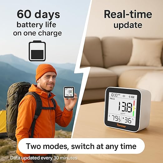 Temtop M10+ Indoor Air Quality Monitor & CO2 Meter for Home, 6-in-1 PM2.5 & VOC Detector, E-Ink Display, Battery Powered 60-Day Quiet Bedroom Air Pollution Monitor, App Temperature & Humidity Sensor - Image 3