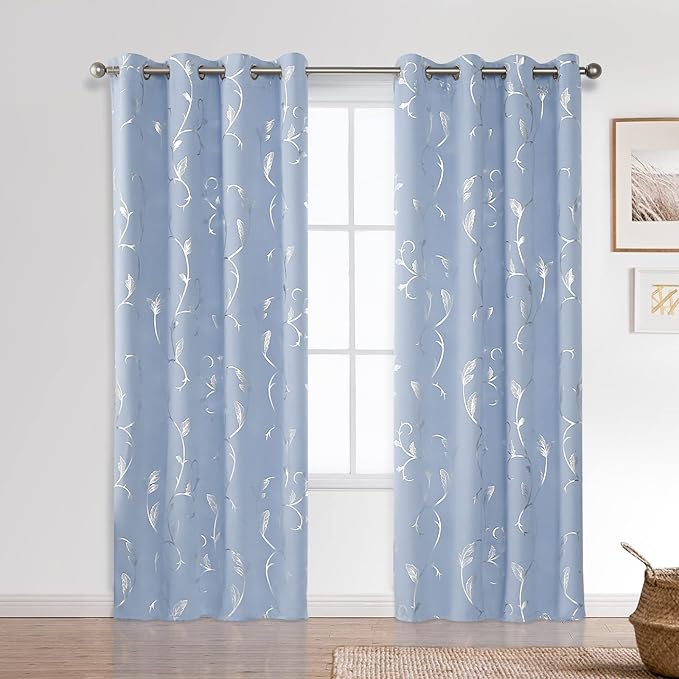 BUHUA Blue Blackout Curtain 2 Panel Set Silver Vine Foil Print Thermal Insulated Drapes Room Darkening Curtains Grommet Window Treatment, 52 x 96 Inch, Light Blue - Image 6